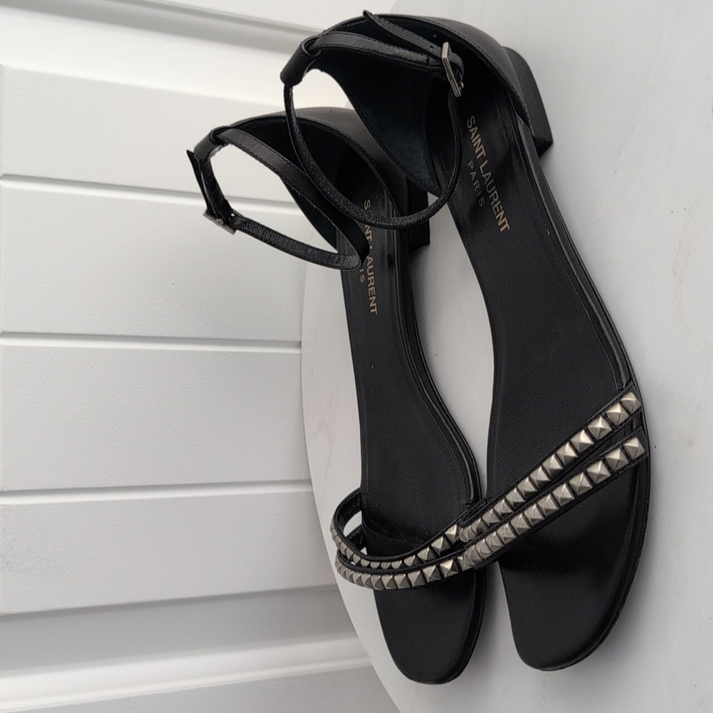 Saint Laurent Paris Leather Studded Ankle Strap Flats